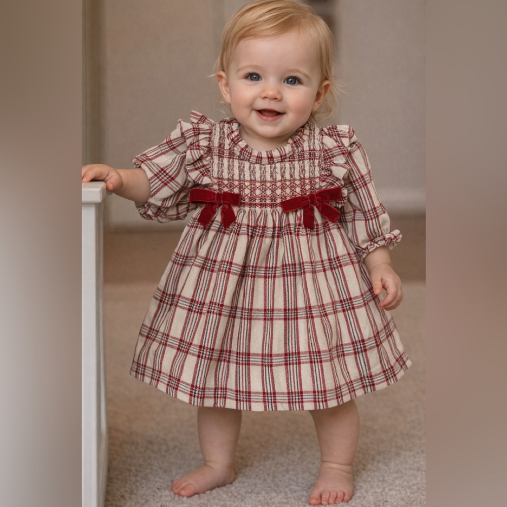 NWT! Bonnie Baby Cream and Red Plaid Smocked Dress with Velvet Bows